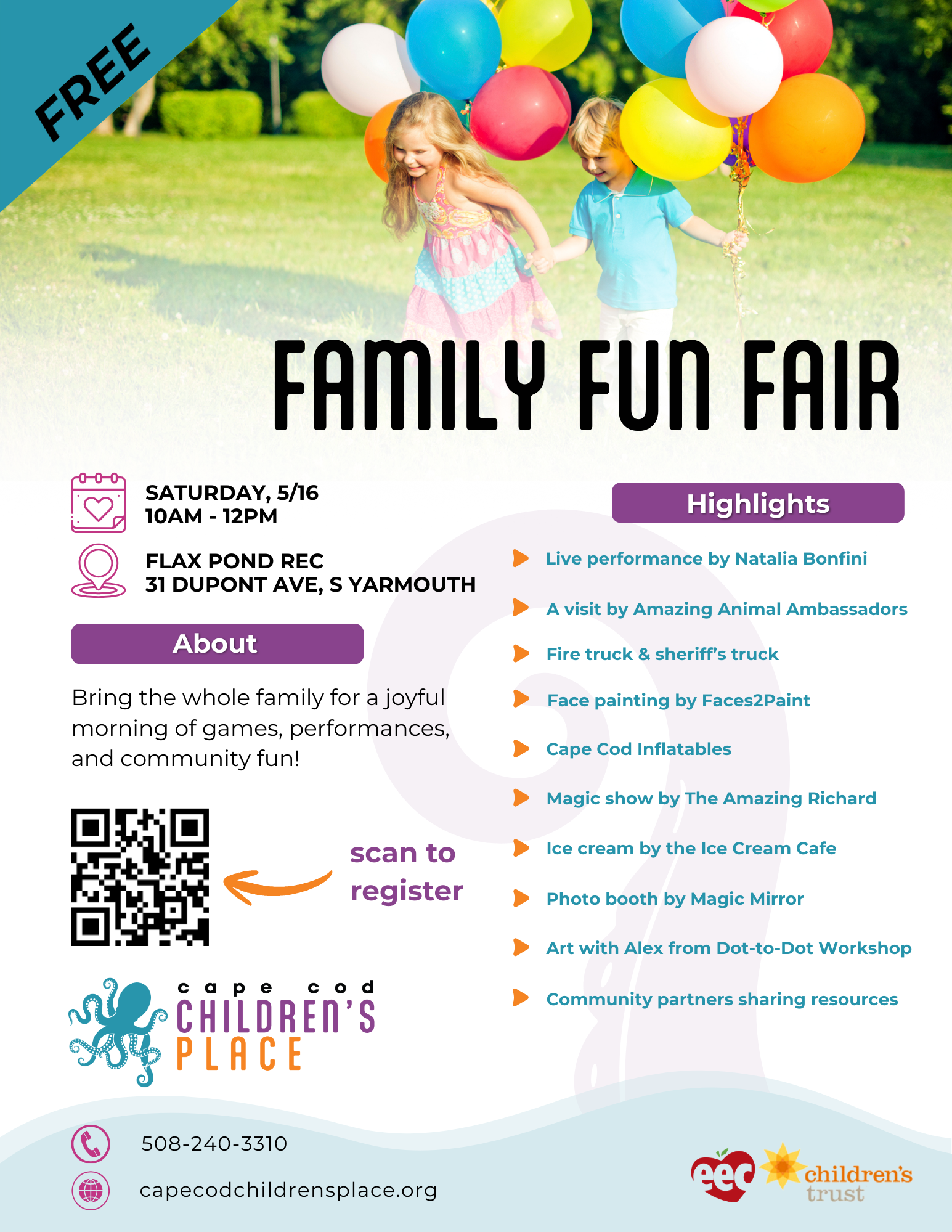 Flyer promoting a community event filled with fun and engaging activities. Highlights include a live performance by Natalia Bonfini, a reptile show, community resources, face painting, emergency vehicles, mini-playgroups, ice cream, and a photo booth. Contact information for more details is provided as 508-240-3310. The design likely features vibrant and inviting elements appealing to families and the community.