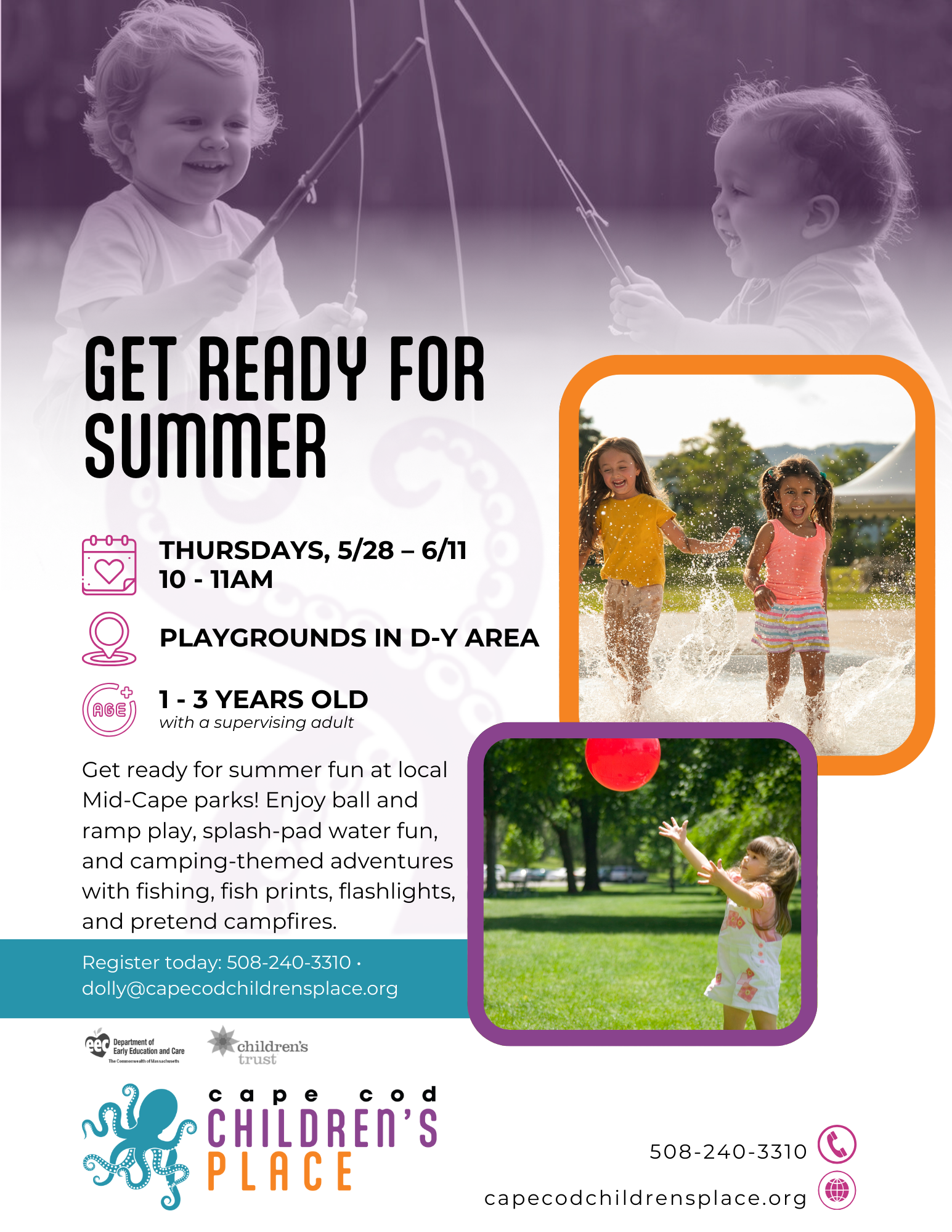 Flyer for a summer event featuring activities at 3 Mid Cape parks: ball and ramp play, water play, and camping, fishing, and campfire fun.