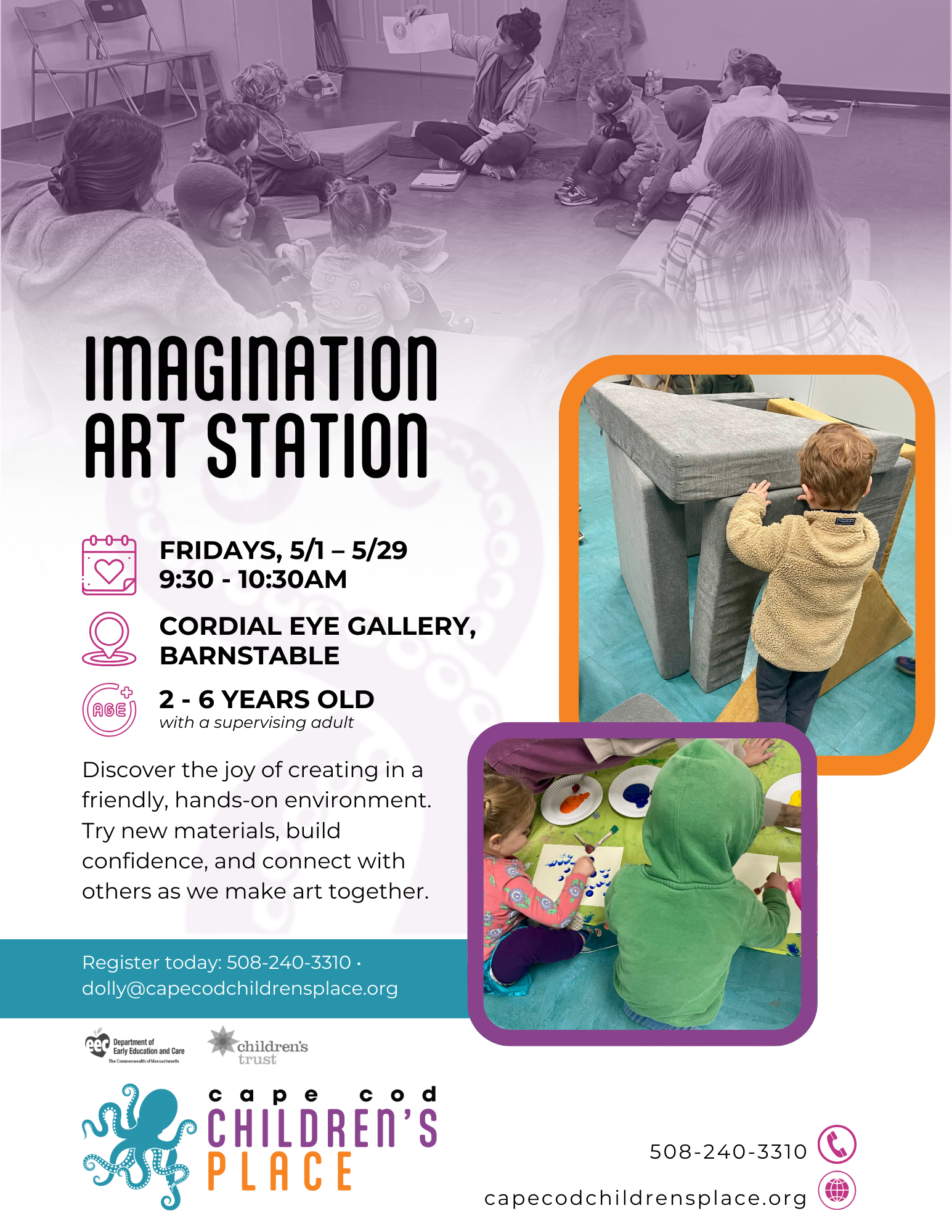 Flyer promoting a creative community program for children. Highlights the theme “Creating confidence through creativity & community.” Encourages artistic expression in a hands-on, welcoming environment using diverse materials. Emphasizes building confidence, connection, and personal growth through shared creative experiences.