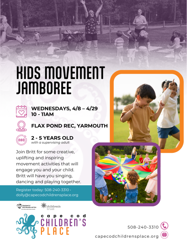 Flyer promoting playgroup with Britt: creative and inspiring movement activities including singing, dancing, and playful fun for children and caregivers with new friends