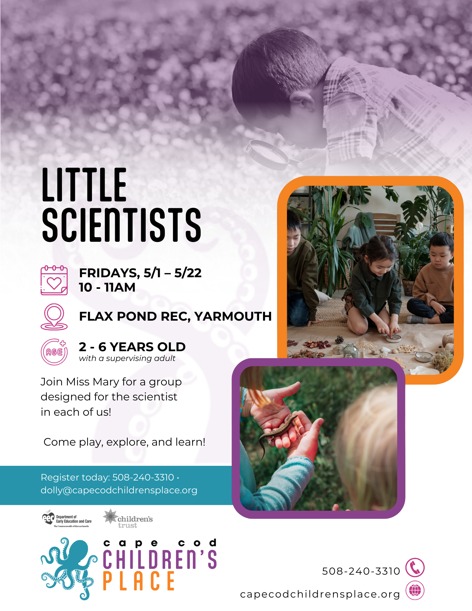 Flyer for Little Scientists, featuring a group activity with Miss Mary that encourages play, exploration, and hands-on learning.