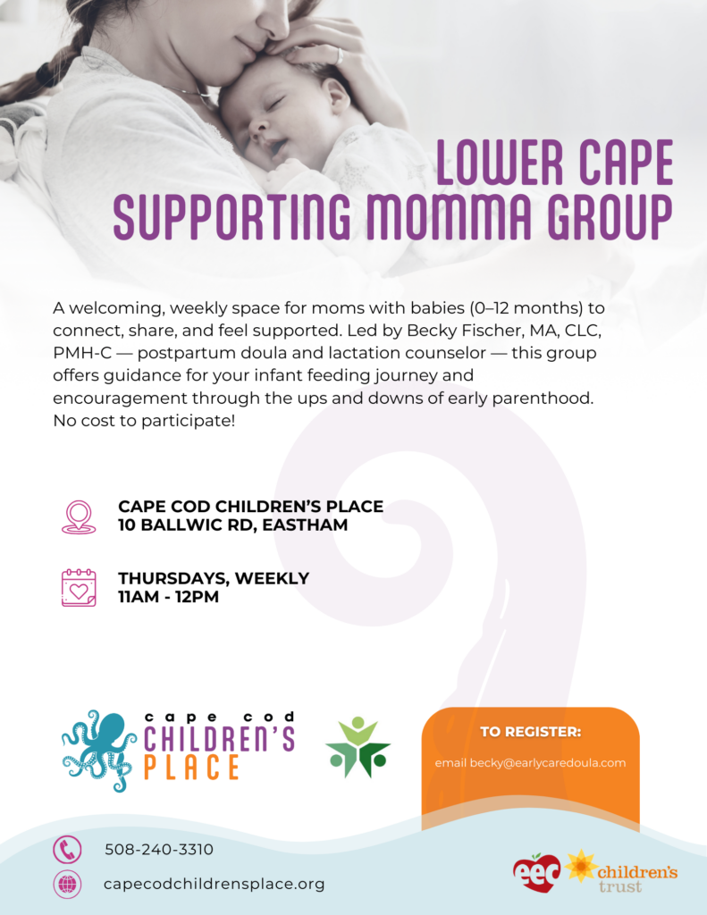 lyer promoting weekly moms’ group for babies 0–12 months, led by Becky Fischer, postpartum doula and lactation counselor. Provides guidance for infant feeding, encouragement through early parenthood, and supportive community at no cost.