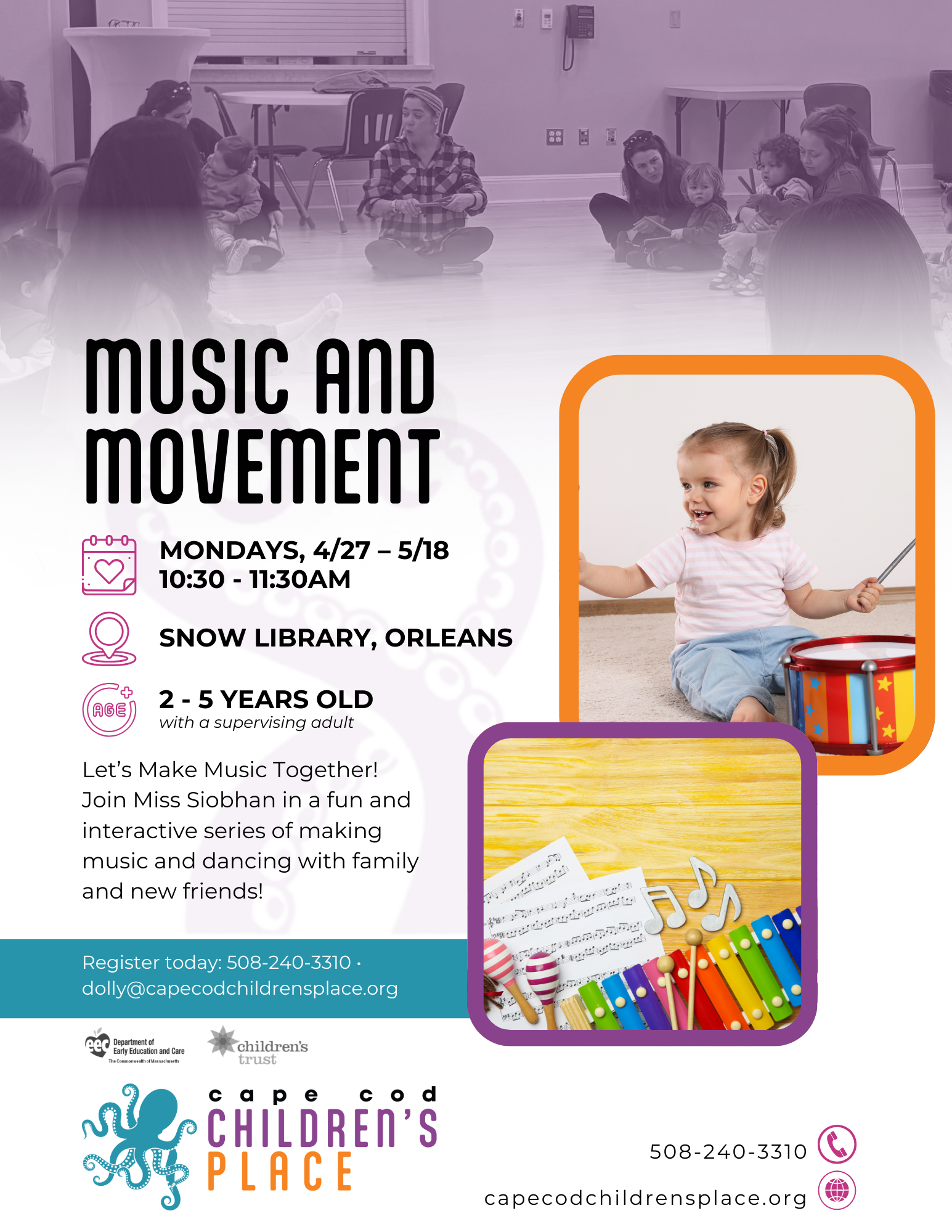 Flyer for Music and Dance series with Miss Siobhan, featuring fun and interactive sessions making music and dancing with family and new friends.