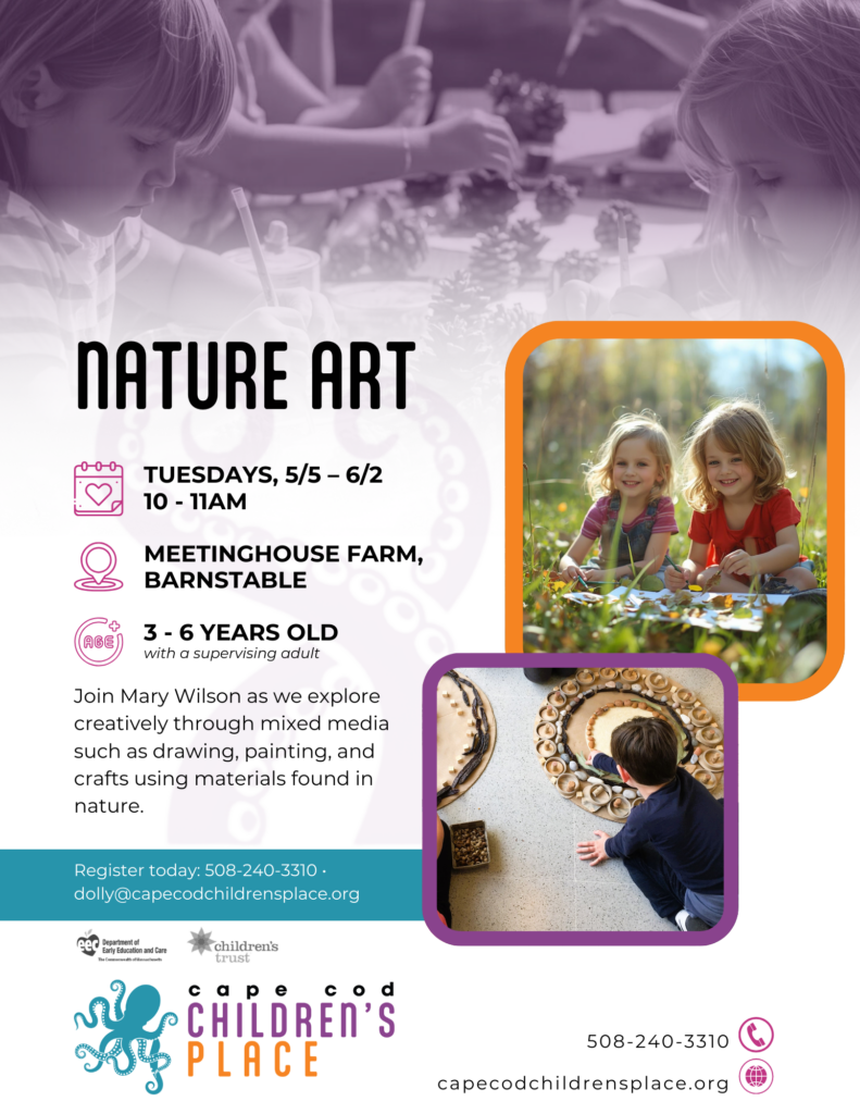 Flyer for Nature Art with Mary Wilson, featuring creative exploration through mixed media such as drawing, painting, and crafts using materials found in nature.