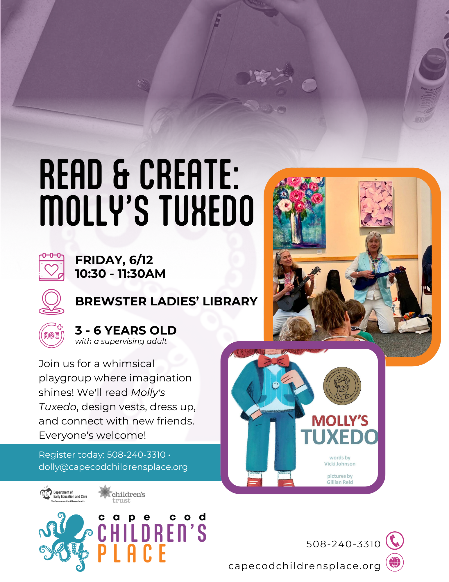Flyer for Molly's Tuxedo Storytime Extravaganza, featuring a reading of "Molly's Tuxedo" with dress-up activities, vest design, and a playful community event.