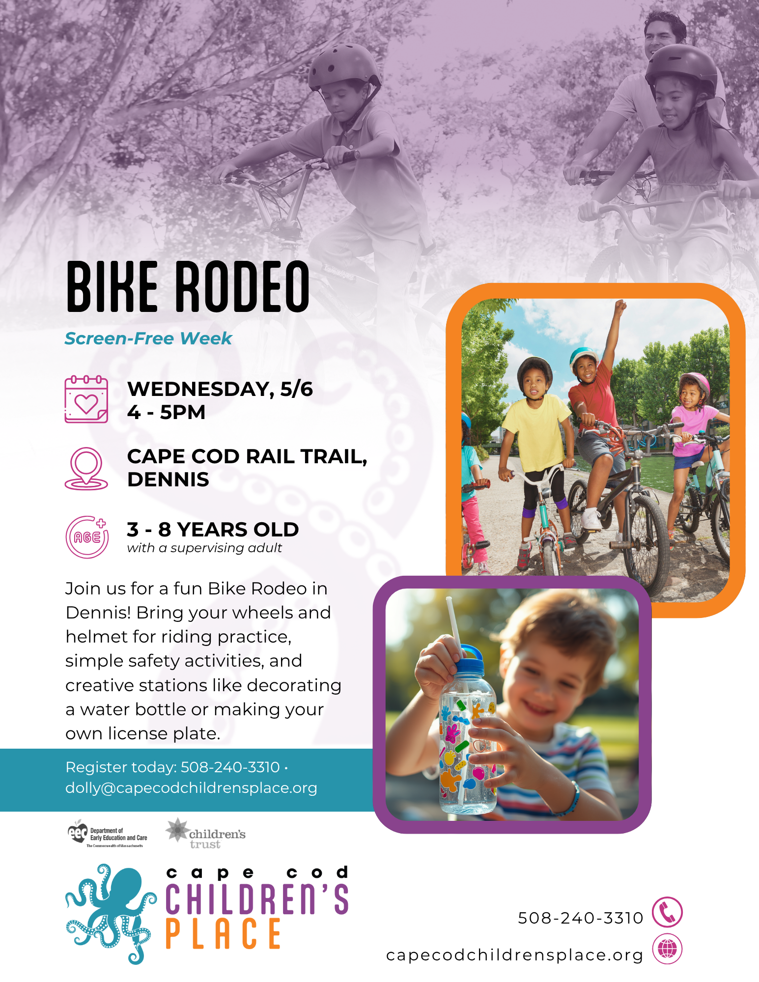 Children participating in a Bike Rodeo in Dennis, practicing riding skills, learning simple safety tips, and enjoying creative stations like decorating water bottles and making license plates.