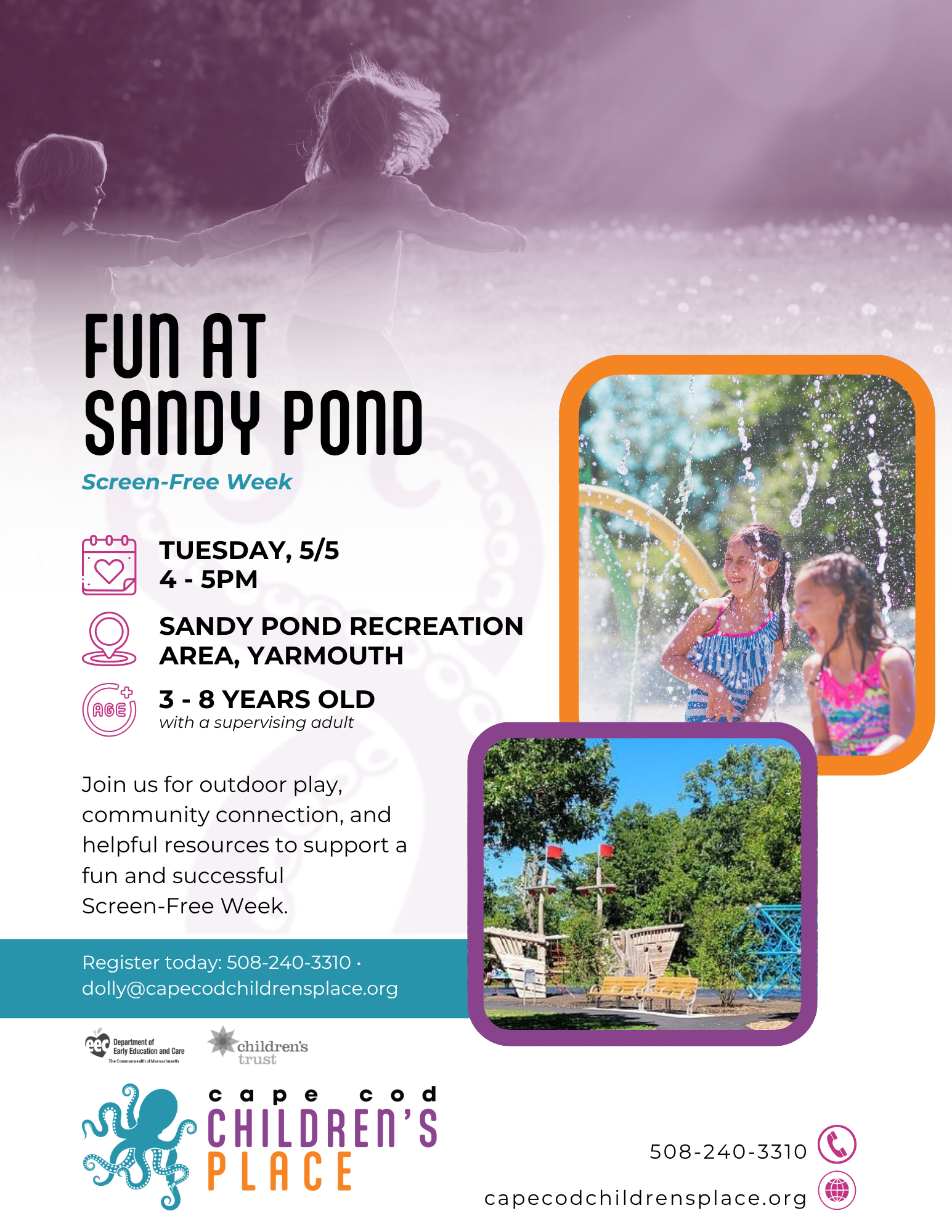 Families playing outdoors at Sandy Pond, connecting with community and exploring activities that support a fun and successful Screen‑Free Week.