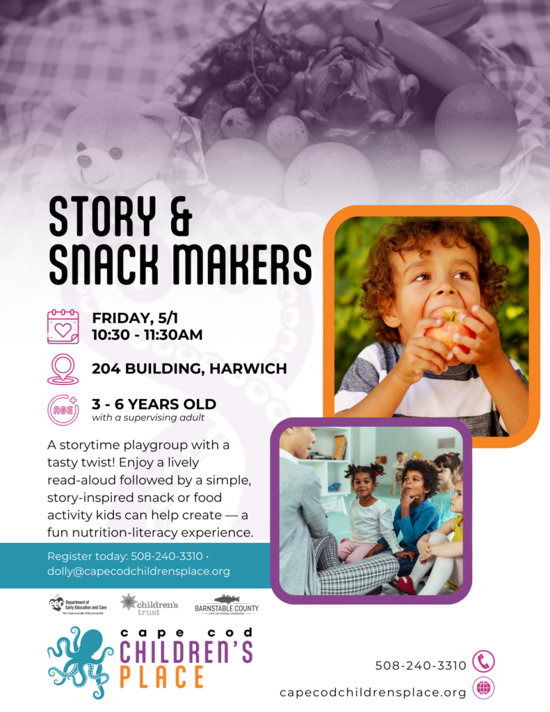 Flyer for “Read It and Eat It,” a storytime playgroup featuring a read‑aloud and a simple, story‑inspired snack activity for young children.