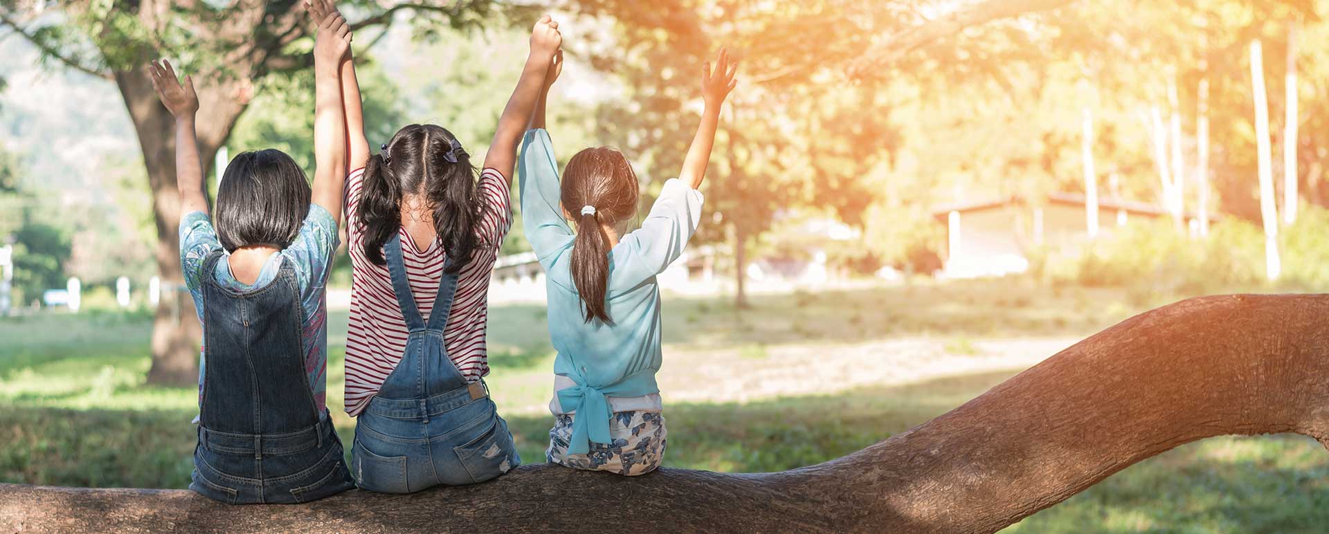 three girls sitting on tree branch with hands raised up 